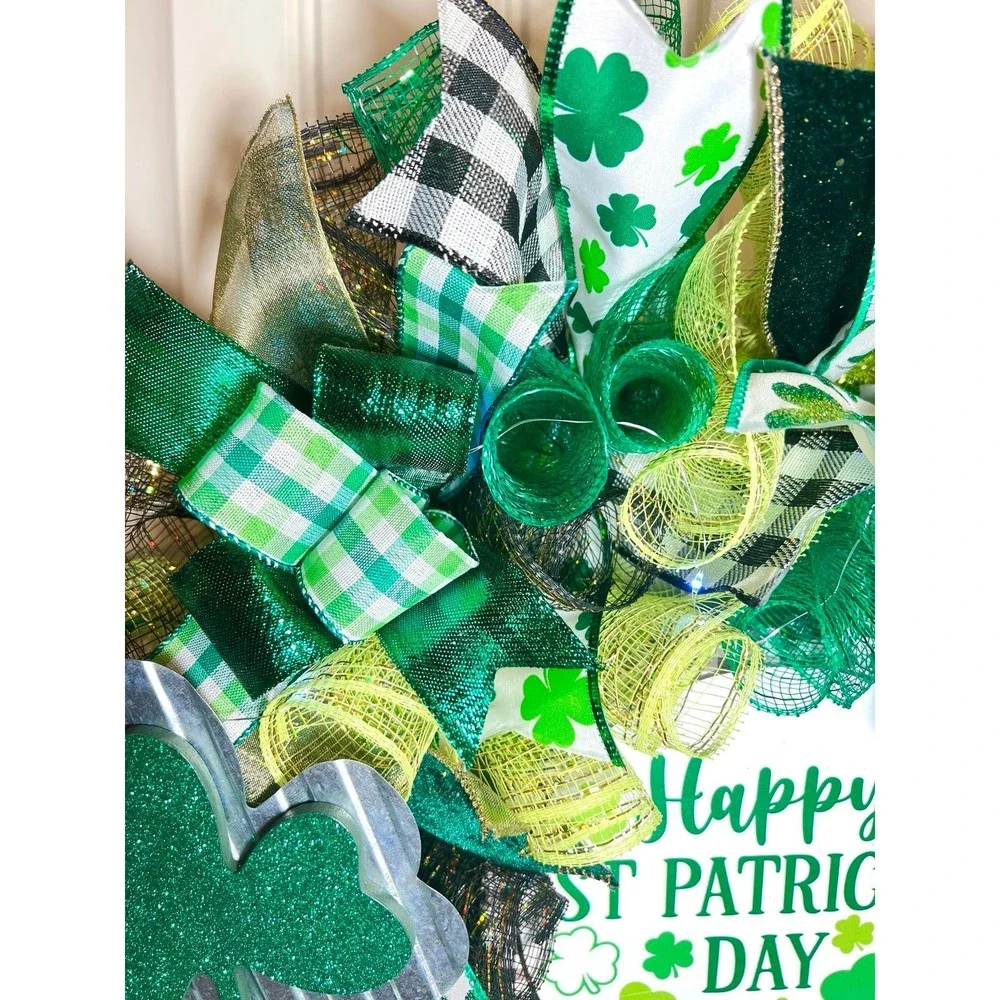 Handmade Happy St. Patrick’s Day Ribbon Prelit Wreath 22 ins LED W7